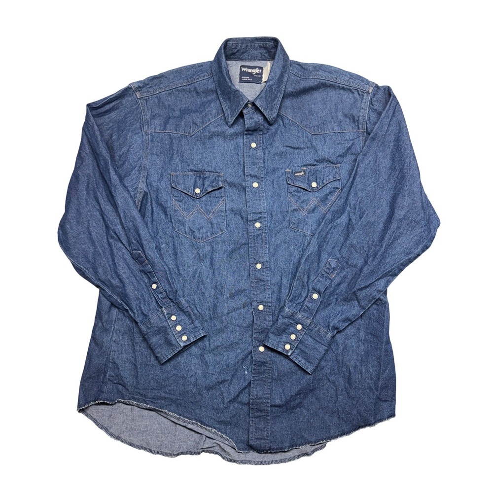 Wrangler‎ Mens Blue Denim Western Snap Shirt X-Long Tails 17.5 x 35